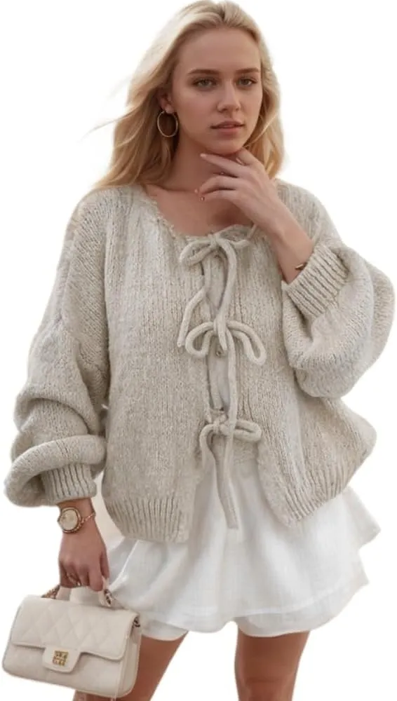 Women Tie Front Knitted Cardigan Y2k Open Front Knitwear Tops Long Sleeve Oversized Cardigan Sweater Trendy Streetwear