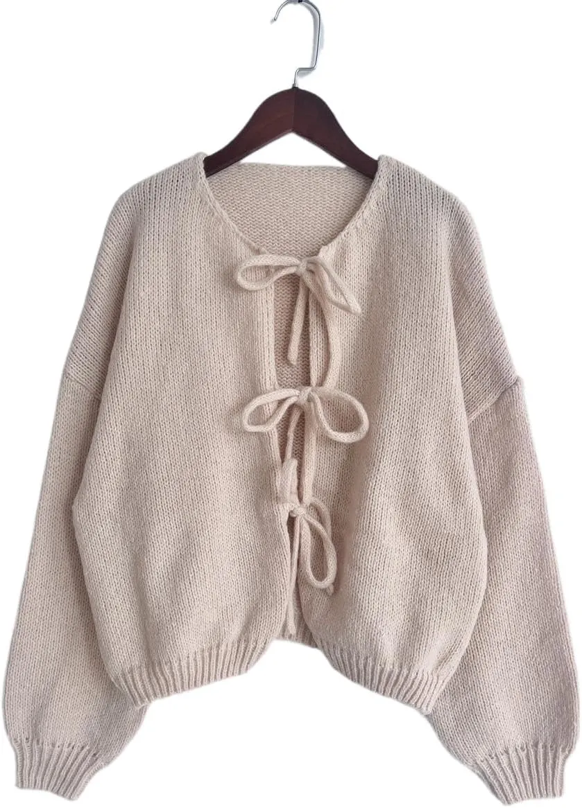 Women Tie Front Knitted Cardigan Y2k Open Front Knitwear Tops Long Sleeve Oversized Cardigan Sweater Trendy Streetwear