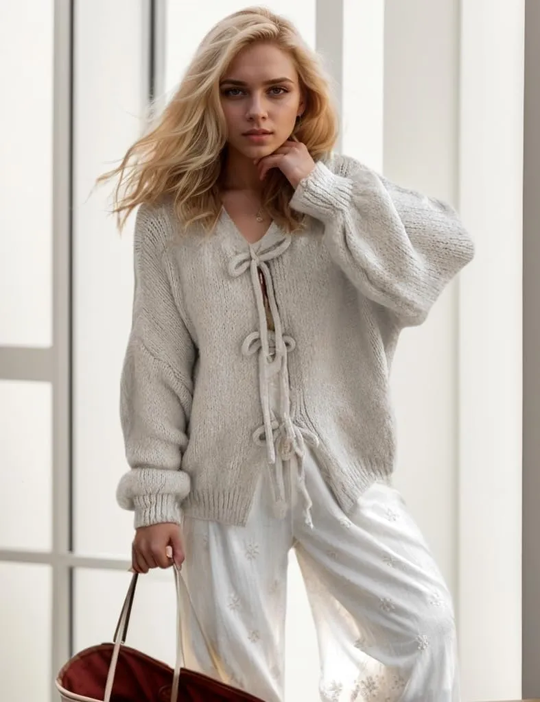 Women Tie Front Knitted Cardigan Y2k Open Front Knitwear Tops Long Sleeve Oversized Cardigan Sweater Trendy Streetwear