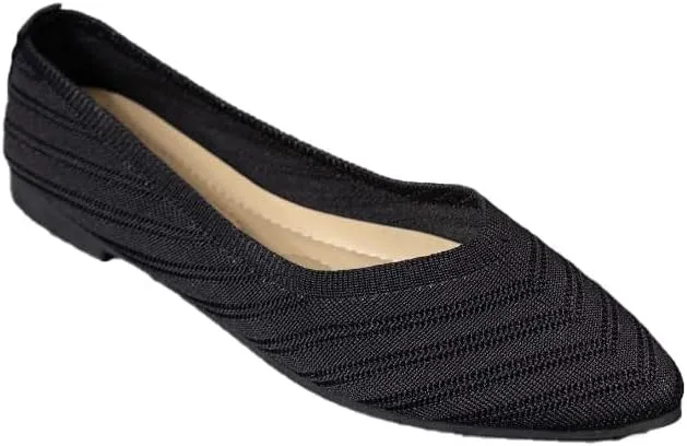 Womens Casual Soft Flat Shoes Ballerina Walking Flats Shoes Knit Ballet Flats Ladies Comfortable Pointed-Toe Dressy Shoes