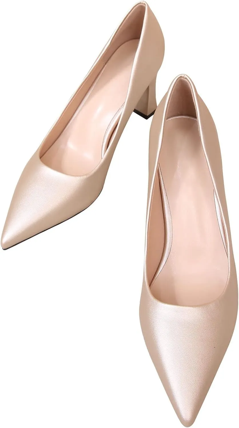Women's Closed Pointed Toe Chunky Block High Heels Slip On Office Wedding Dress Pumps Shoes for Women 3 Inches