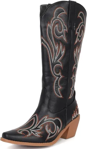 Women's Embroider Cowgirl Boots Snip Toe Slip On Bridal Floral Cowboy Boots Casual Knee High Western Boots