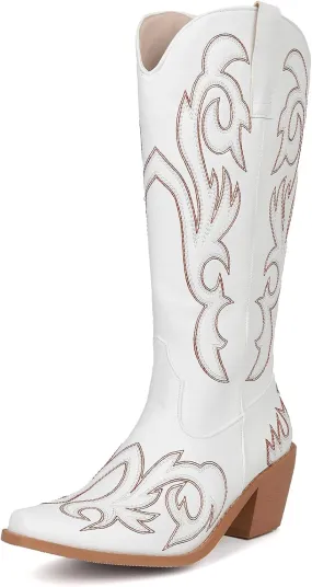 Women's Embroider Cowgirl Boots Snip Toe Slip On Bridal Floral Cowboy Boots Casual Knee High Western Boots