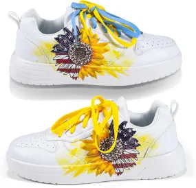 Women's Floral Walking Sneakers - Comfortable Lace-Up White Tennis Shoes with Sunflowers Prints