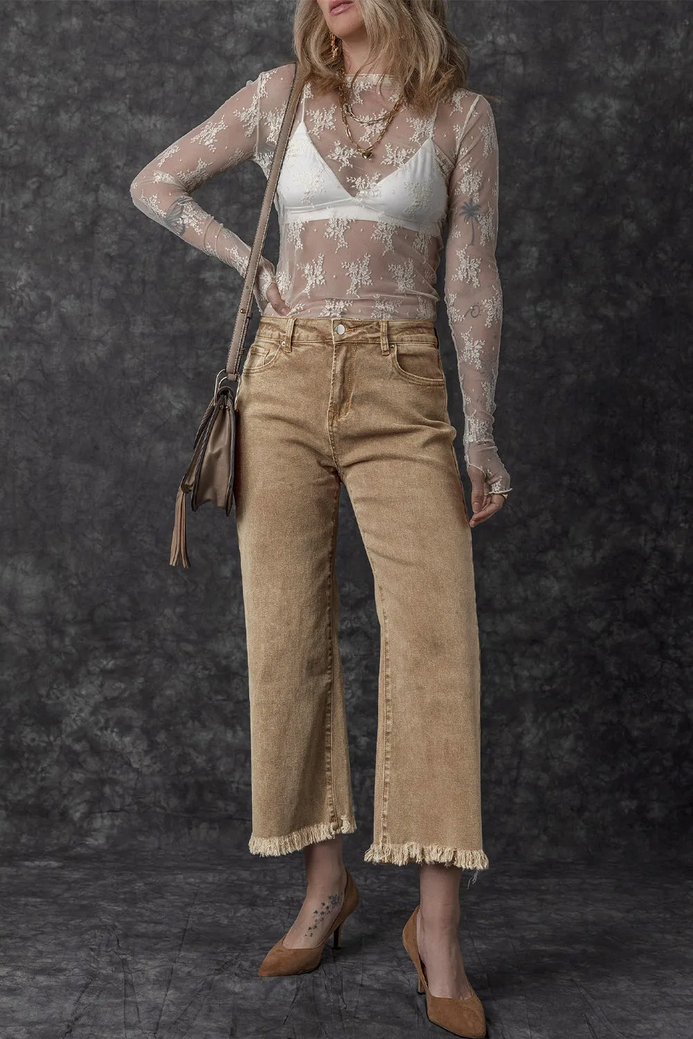 Womens French Beige Acid Washed High Rise Cropped Wide Leg Jeans