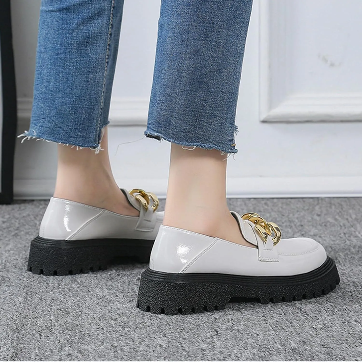 Women's Platform Patent Leather Chunky Heel Loafers Lug Sole Slip On Chain Uniform Dress Shoes Casual Business Office Work Shoes
