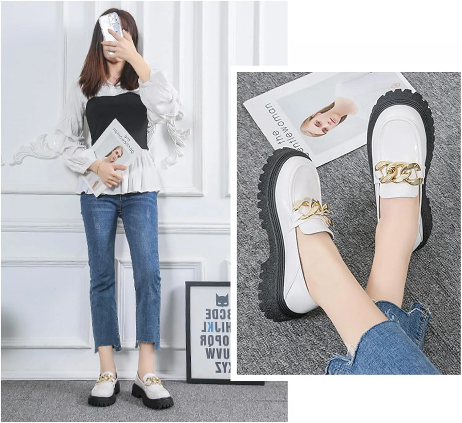 Women's Platform Patent Leather Chunky Heel Loafers Lug Sole Slip On Chain Uniform Dress Shoes Casual Business Office Work Shoes