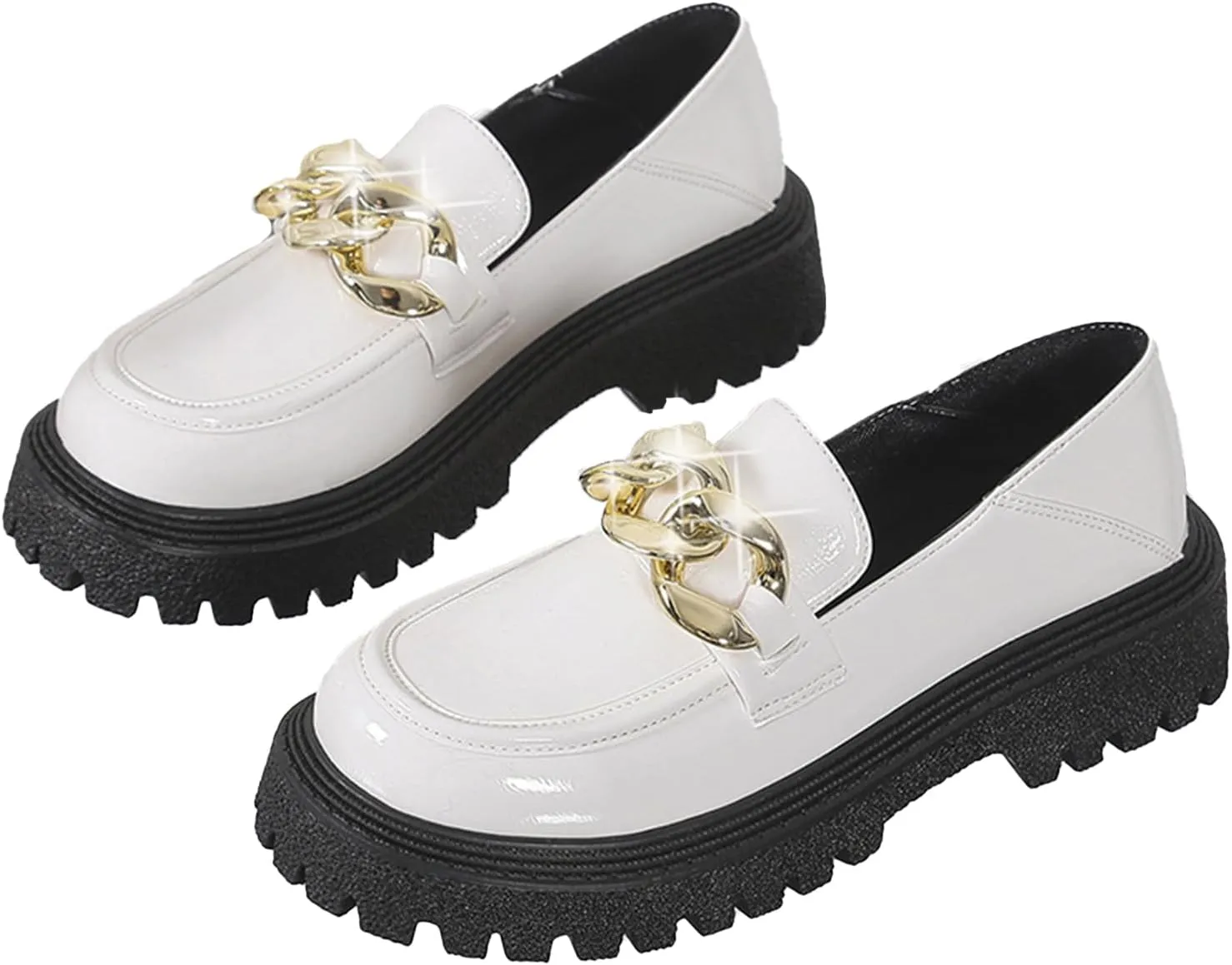 Women's Platform Patent Leather Chunky Heel Loafers Lug Sole Slip On Chain Uniform Dress Shoes Casual Business Office Work Shoes