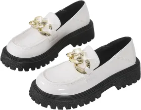 Women's Platform Patent Leather Chunky Heel Loafers Lug Sole Slip On Chain Uniform Dress Shoes Casual Business Office Work Shoes