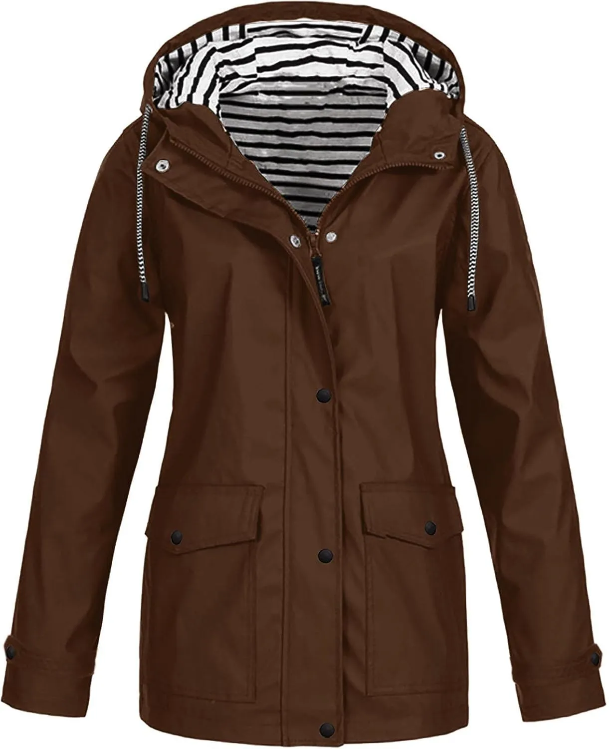 Womens Rain Jacket with Hood 2024 Fall Waterproof Plus Size Stripe Lined Zipper Lightweight Windbreaker Outdoor Coat