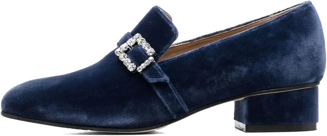 XYD Women's Velvet Loafer Flat with Crystal Buckle Strap Closed Round Toe Chunky Low Heel Slip On Comfort Driving Office Event Shoes
