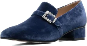 XYD Women's Velvet Loafer Flat with Crystal Buckle Strap Closed Round Toe Chunky Low Heel Slip On Comfort Driving Office Event Shoes