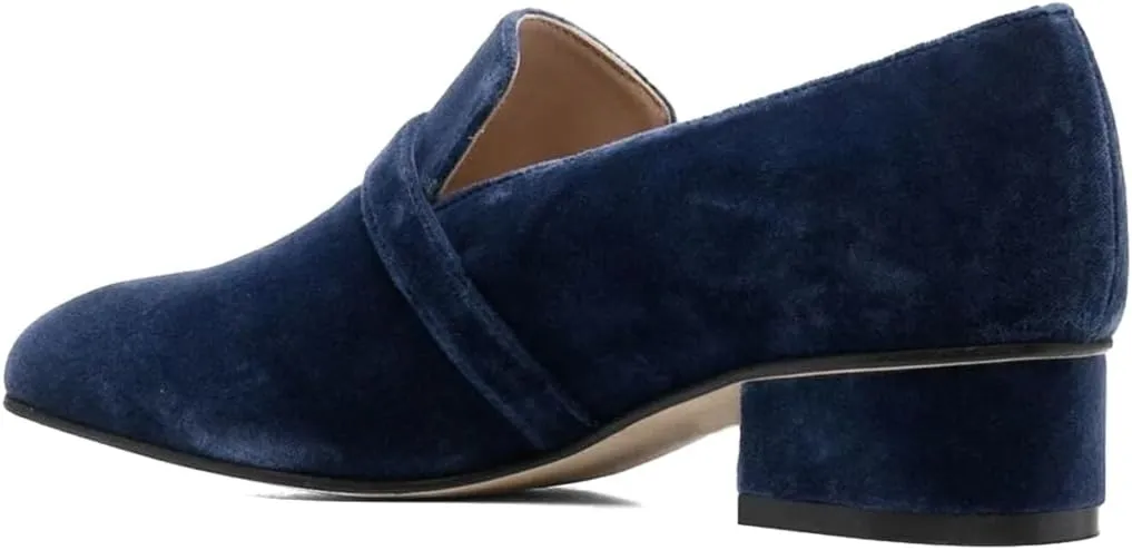 XYD Women's Velvet Loafer Flat with Crystal Buckle Strap Closed Round Toe Chunky Low Heel Slip On Comfort Driving Office Event Shoes