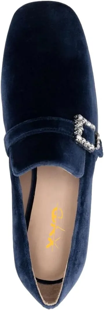 XYD Women's Velvet Loafer Flat with Crystal Buckle Strap Closed Round Toe Chunky Low Heel Slip On Comfort Driving Office Event Shoes